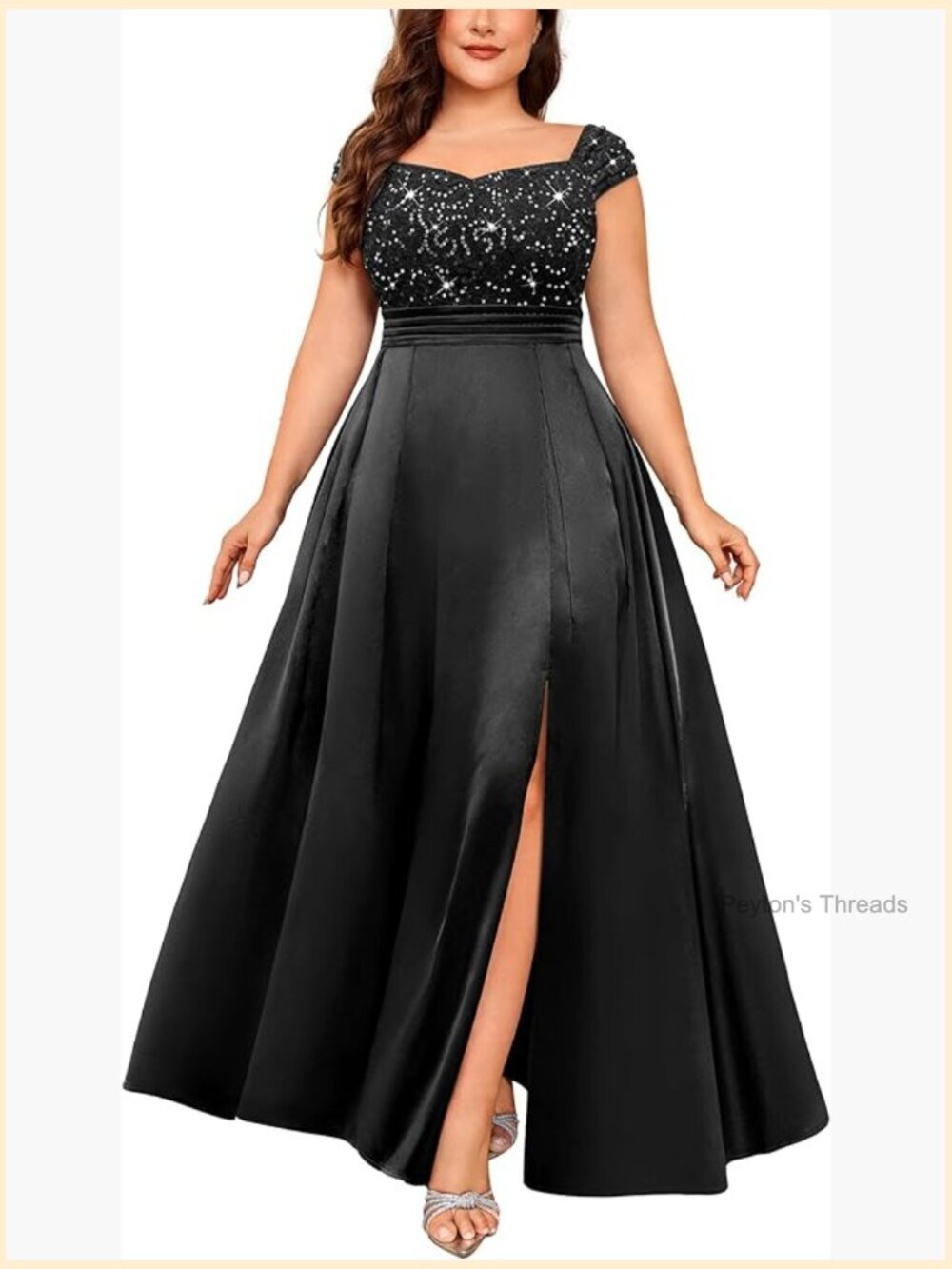 Plus Size Sequin Lace Off Shoulder Satin Slit Maxi Prom Evening Dress Formal